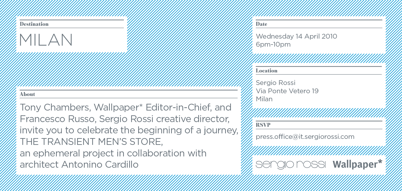 Invitation, Men’s footwear world tour, Sergio Rossi–Wallpaper*, Milan, 2010.